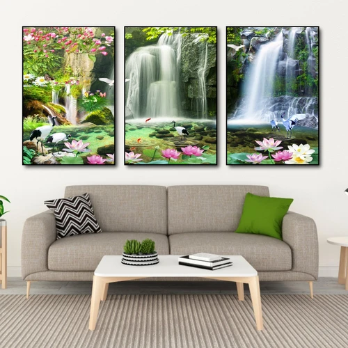 Tranh treo tường hồ sen hồng và thác nước