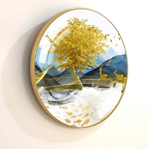 Tranh Tròn Tráng Gương Đôi Hươu Và Cây Vàng Tài Lộc