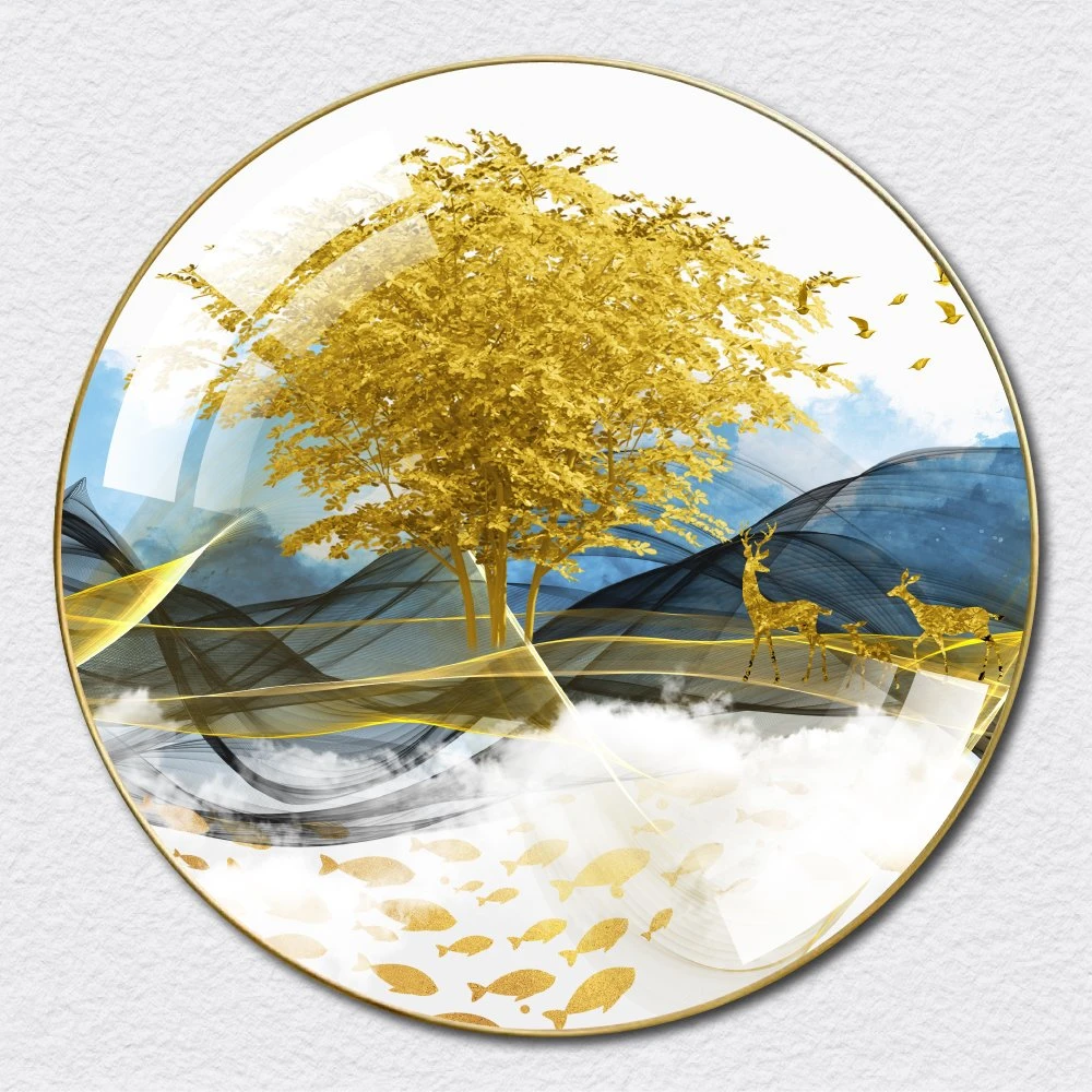 Tranh Tròn Tráng Gương Đôi Hươu Và Cây Vàng Tài Lộc