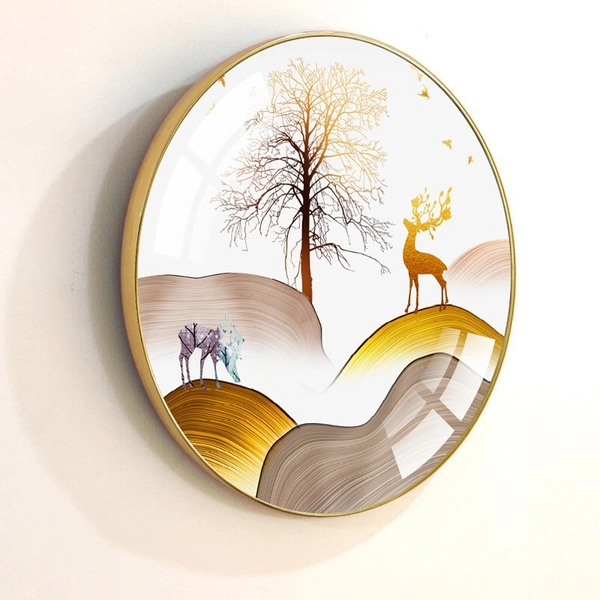 Tranh Tròn Tráng Gương Đôi Hươu Vàng Nghệ Thuật 13