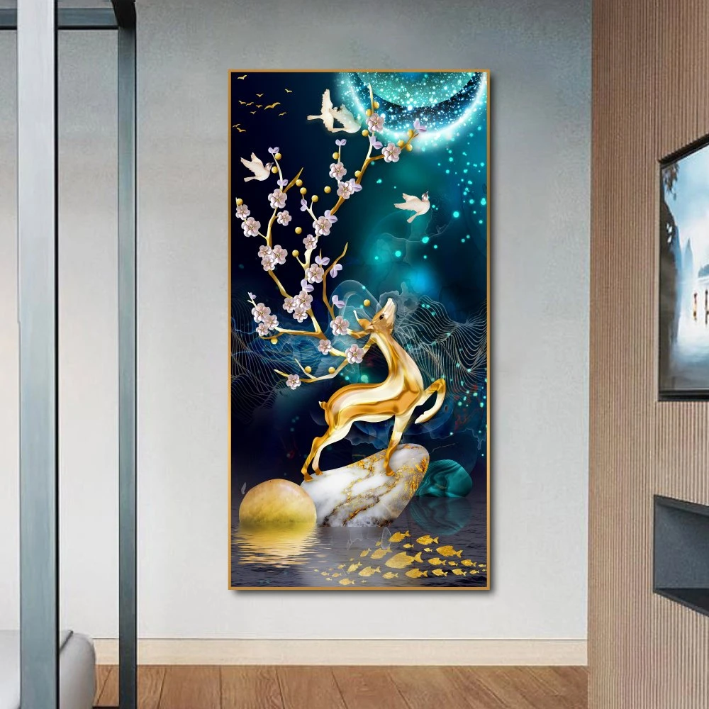 Tranh treo tường nghệ thuật hươu vàng dưới ánh trăng