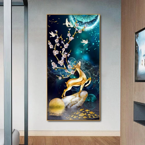 Tranh treo tường nghệ thuật hươu vàng dưới ánh trăng