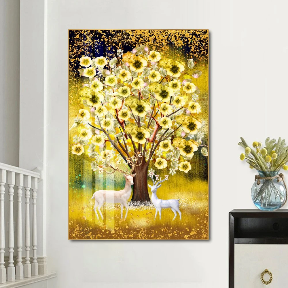 Tranh Treo Tường 3D Hoa Sứ Vàng Tài Lộc Và Đôi Hươu Phong Thủy (HG)