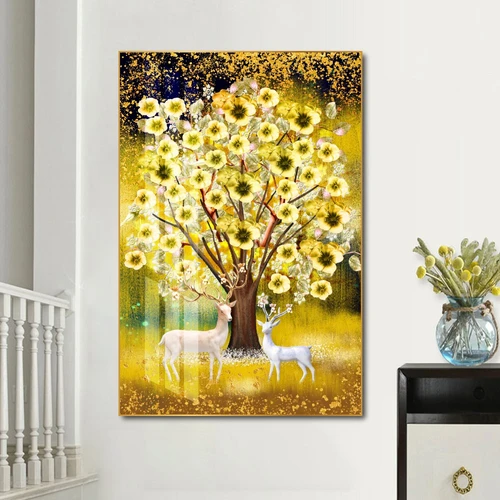 Tranh Treo Tường 3D Hoa Sứ Vàng Tài Lộc Và Đôi Hươu Phong Thủy (HG)