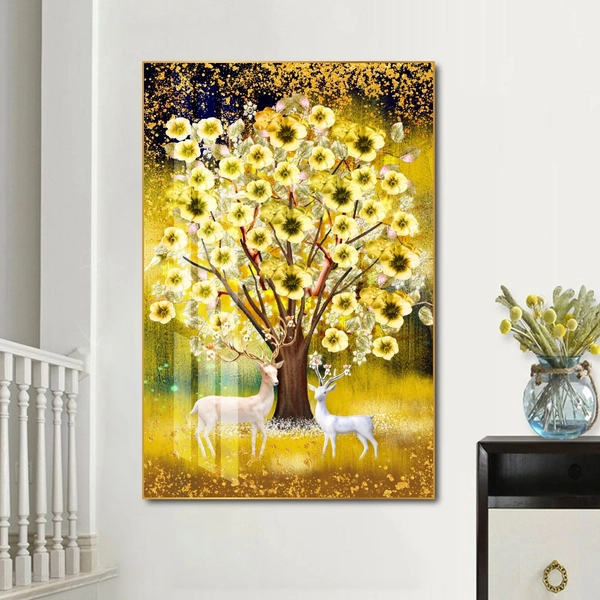 Tranh Treo Tường 3D Hoa Sứ Vàng Tài Lộc Và Đôi Hươu Phong Thủy (HG)