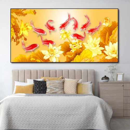 Tranh Treo Tường Cửu Ngư Quần Hội Bên Hoa Mẫu Đơn 2