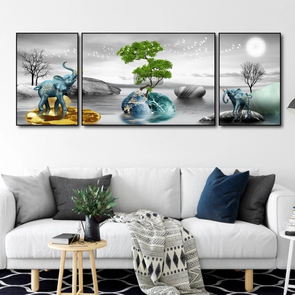 Tranh Treo Tường Đôi Voi Xanh Tài Lộc