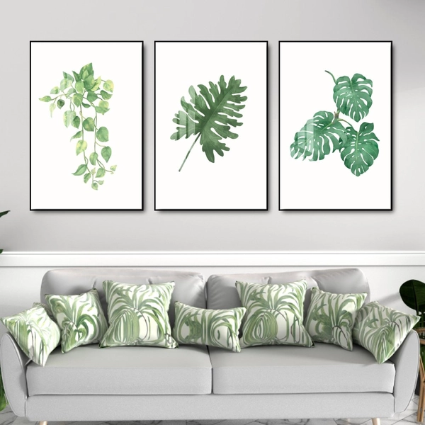 Tranh Treo Tường Bộ 3 Tấm Lá Xanh Nhiệt Đới Tươi Mát