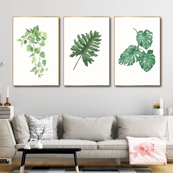 Tranh Treo Tường Bộ 3 Tấm Lá Xanh Nhiệt Đới Tươi Mát