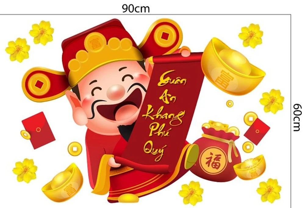 Decal trang trí tết thần tài chúc xuân an khang phú quý