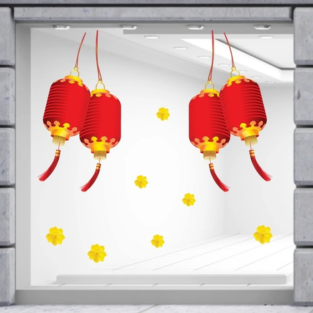 Decal trang trí tết lồng đèn đỏ may mắn mẫu 3