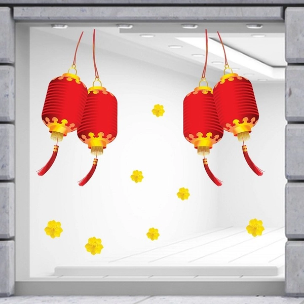 Decal trang trí tết lồng đèn đỏ may mắn mẫu 3