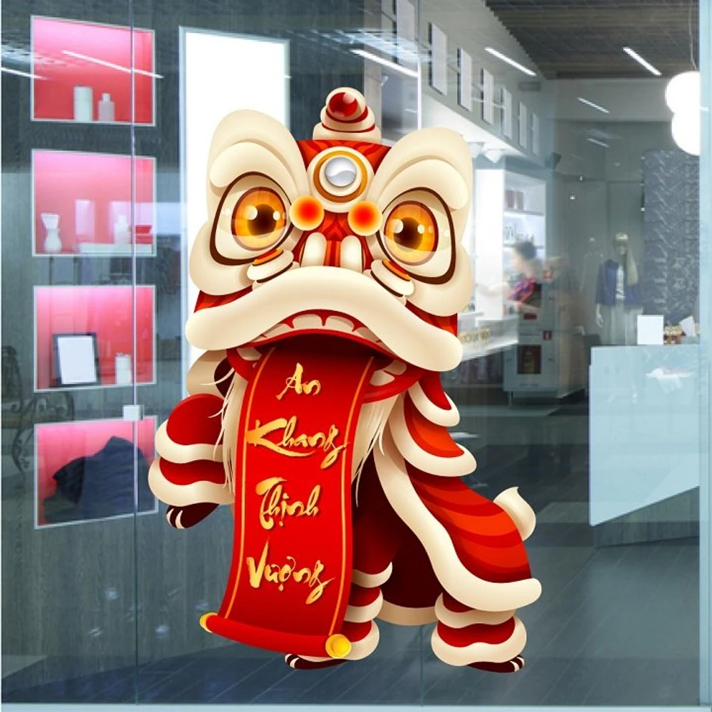 Decal trang trí tết múa lân an khang thịnh vượng