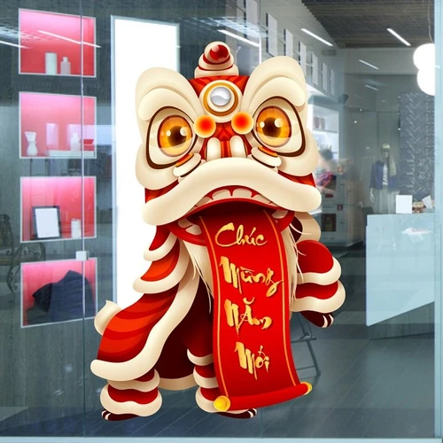 Decal trang trí tết múa lân chúc mừng năm mới