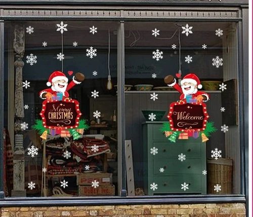 Decal trang trí noel bảng ông già noel merry christmas và bông tuyết