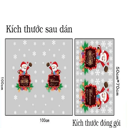 Decal trang trí noel bảng ông già noel merry christmas và bông tuyết