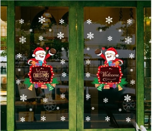 Decal trang trí noel bảng ông già noel merry christmas và bông tuyết