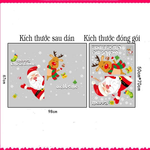 Decal 2 mặt trang trí noel tuần lộc và ông già noel vẫy tay