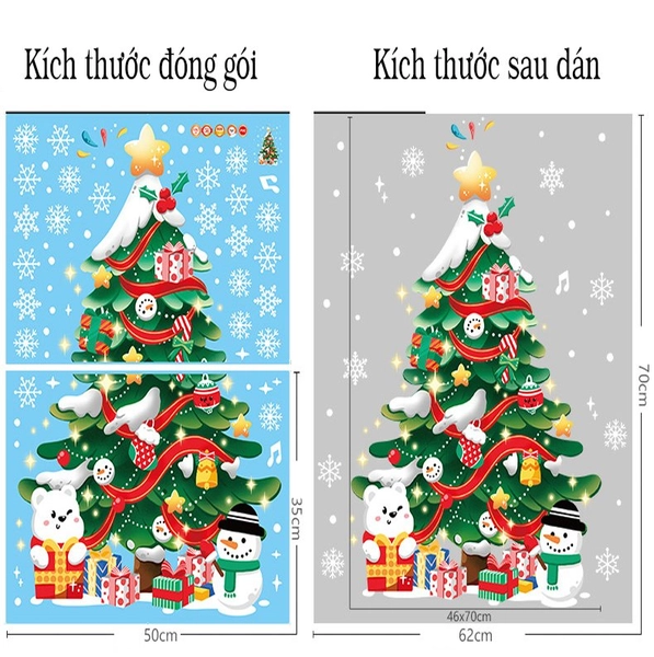 Decal tĩnh điện 2 mặt trang trí noel cây thông và những hộp quà