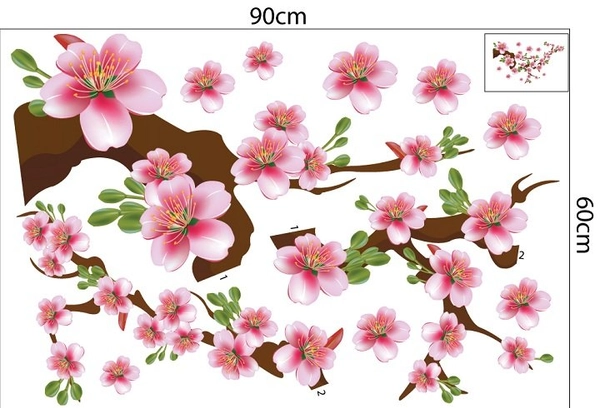 Decal trang trí tết cành đào hồng khoe sắc