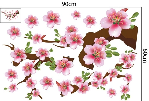 Decal trang trí tết cành đào hồng khoe sắc 2