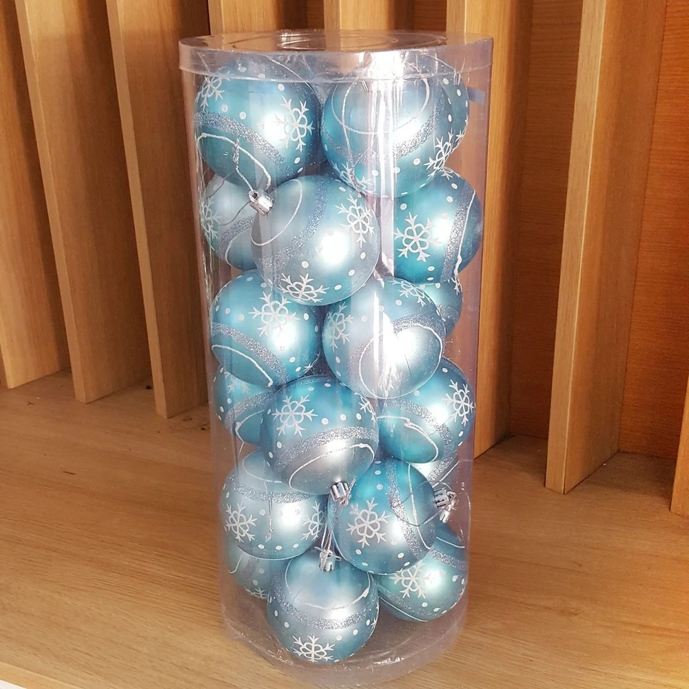 Hộp 24 châu xanh dương nhám kim tuyến hoạt tiết trang trí noel - 8cm