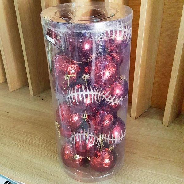 Hộp 24 quả châu màu đỏ họa tiết kim tuyến và lục giác trang trí noel - 8cm