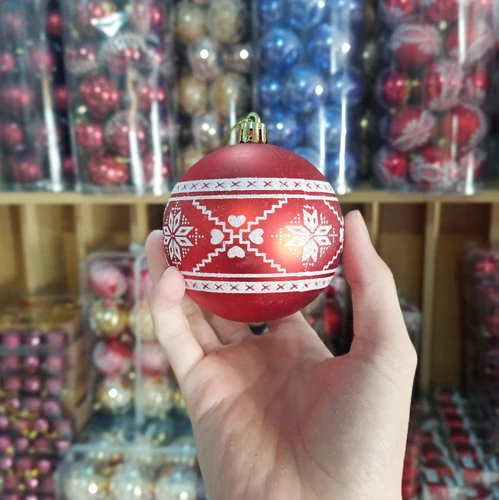 Hộp 24 quả châu đỏ đậm nhám họa tiết trang trí noel - 8cm