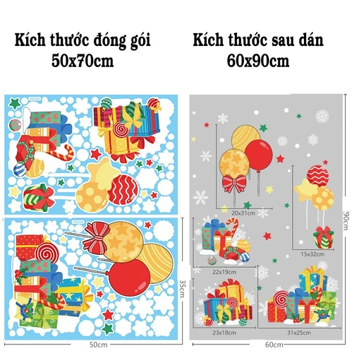 Decal 2 mặt trang trí noel hộp quà và bóng bay