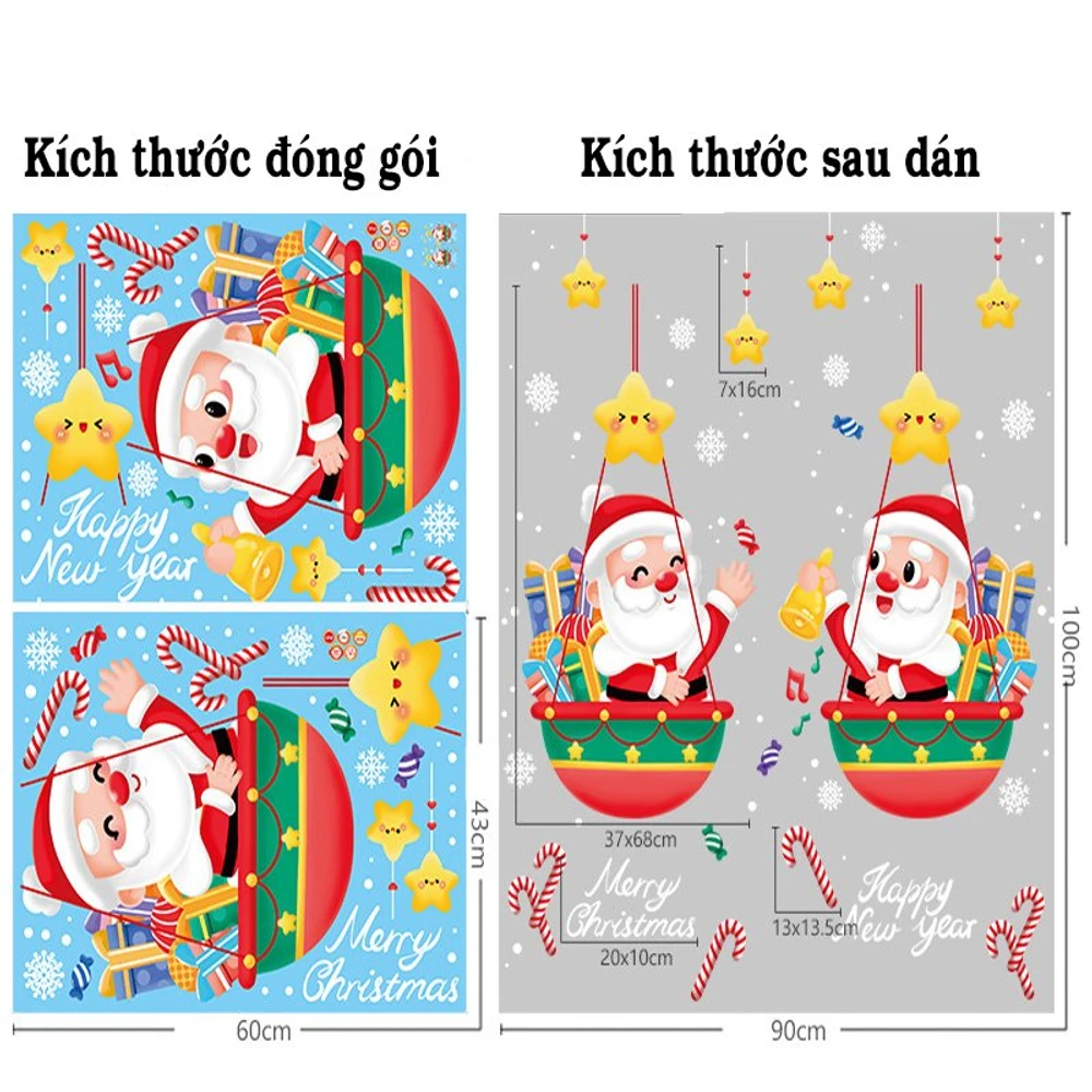 Decal 2 mặt trang trí noel ông già noel và những ngôi sao