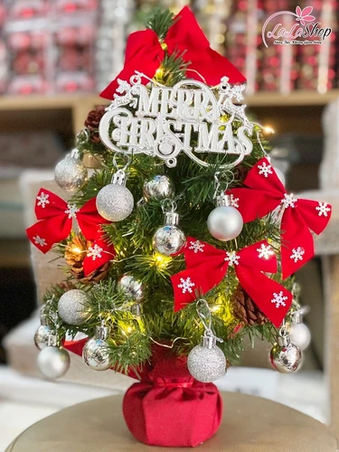 Cây thông noel mini gắn trái thông kèm phụ kiện màu trắng