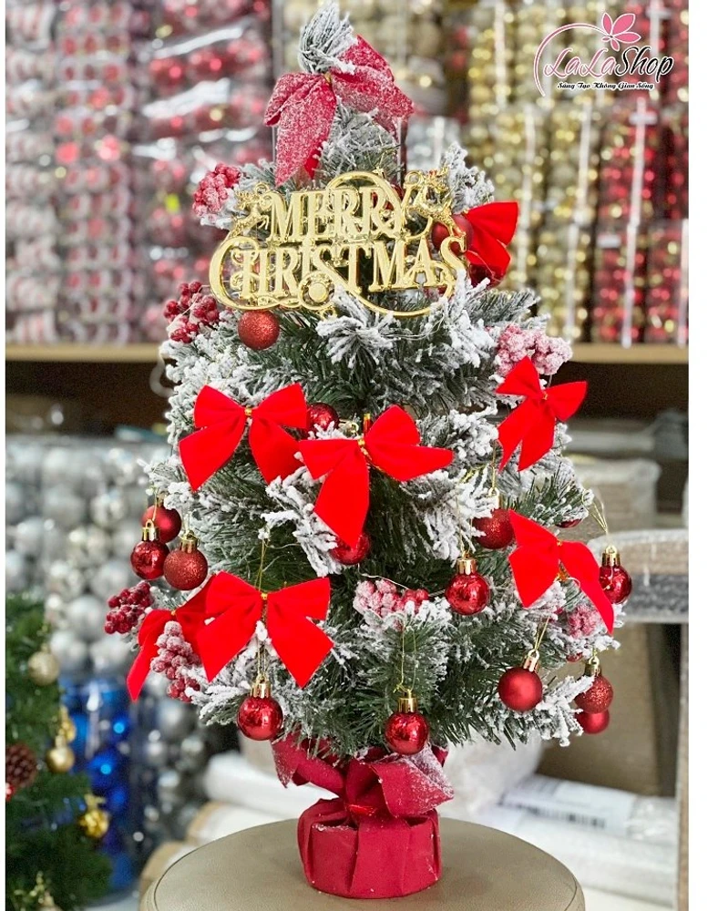 Cây thông noel mini phủ tuyết kèm phụ kiện màu đỏ