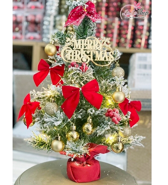 Cây thông noel mini phủ tuyết kèm phụ kiện màu vàng
