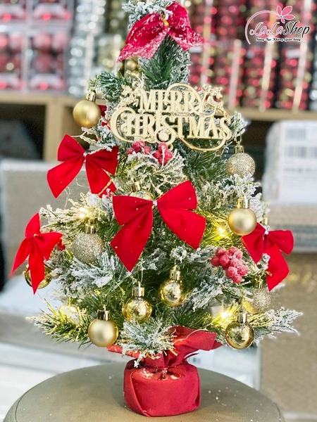 Cây thông noel mini phủ tuyết kèm phụ kiện màu vàng