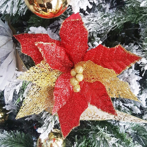 Hoa trang nguyên nhung đỏ kim tuyến trang trí noel 02