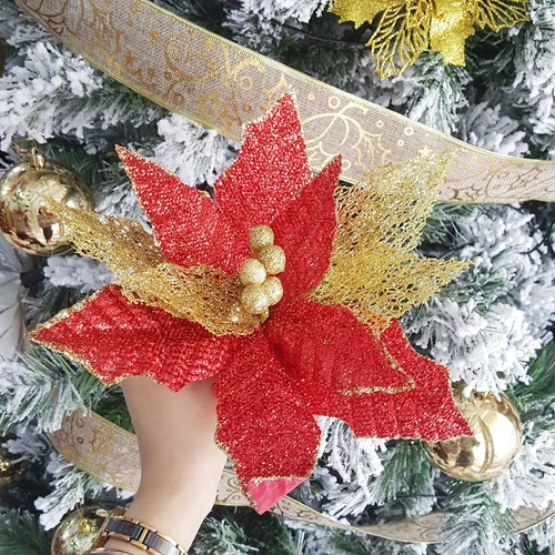 Hoa trang nguyên nhung đỏ kim tuyến trang trí noel 02