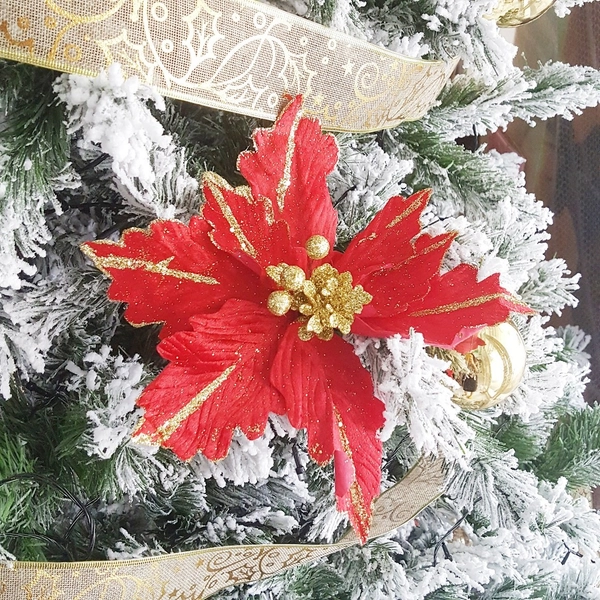 Hoa trang nguyên nhung đỏ kim tuyến trang trí noel