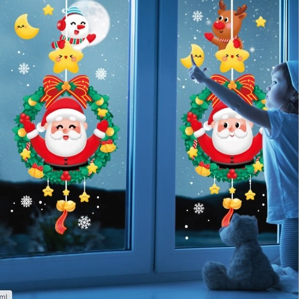Decal tĩnh điện 2 mặt trang trí noel vòng nguyệt quế và những ngôi sao