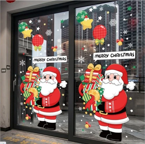 Decal trang trí noel ông già noel và hộp quà kèm bóng bay