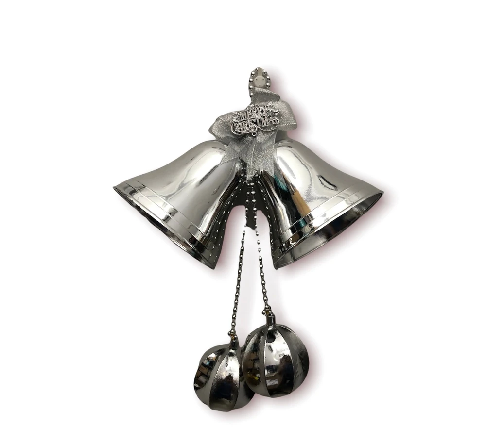 Cặp chuông đôi bạc trơn lớn kèm 2 quả châu trang trí noel