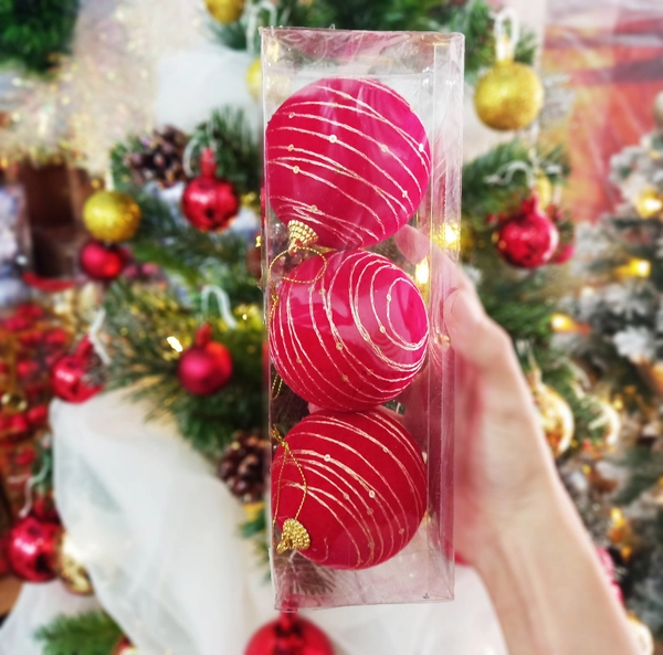 Hộp 3 quả châu họa tiết sọc sắc đỏ trang trí noel - 8cm