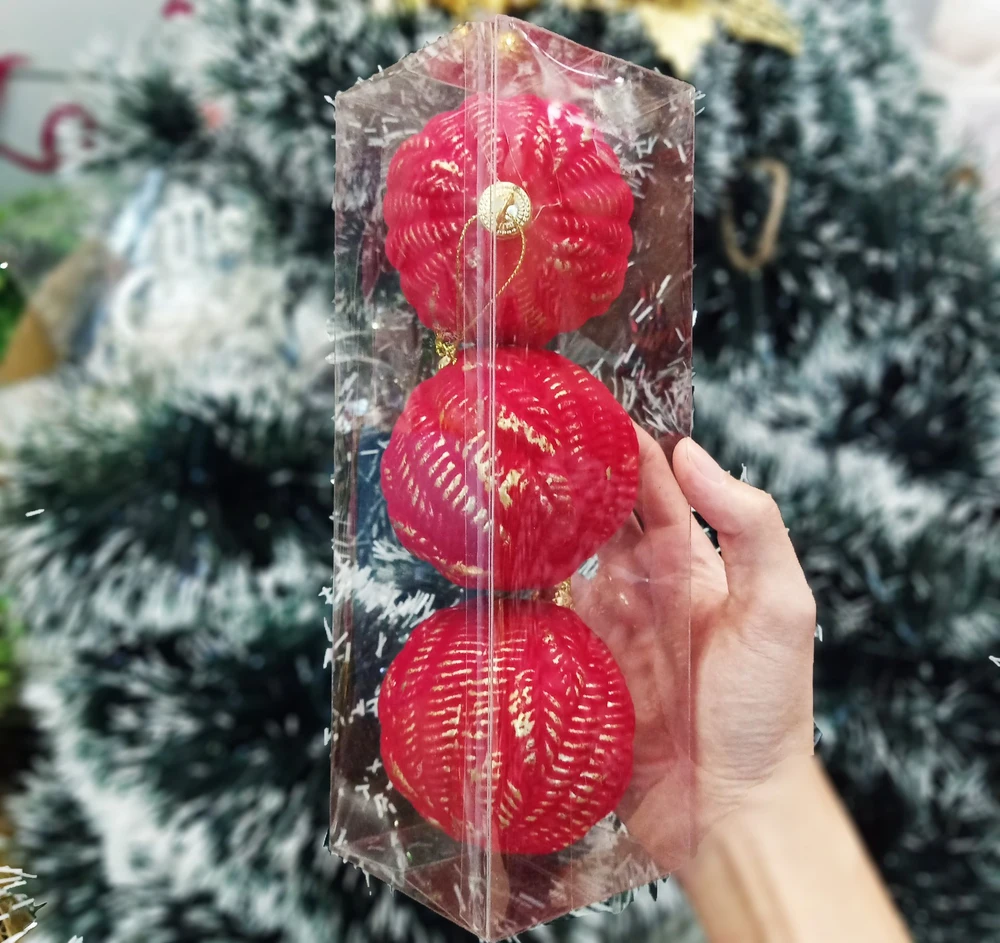 Hộp 3 quả châu múi sắc đỏ trang trí noel - 8cm