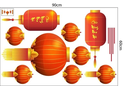 Decal trang trí tết đèn lồng đỏ chúc mừng năm mới