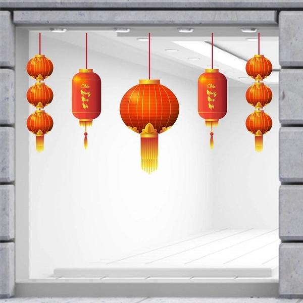 Decal trang trí tết đèn lồng đỏ chúc mừng năm mới