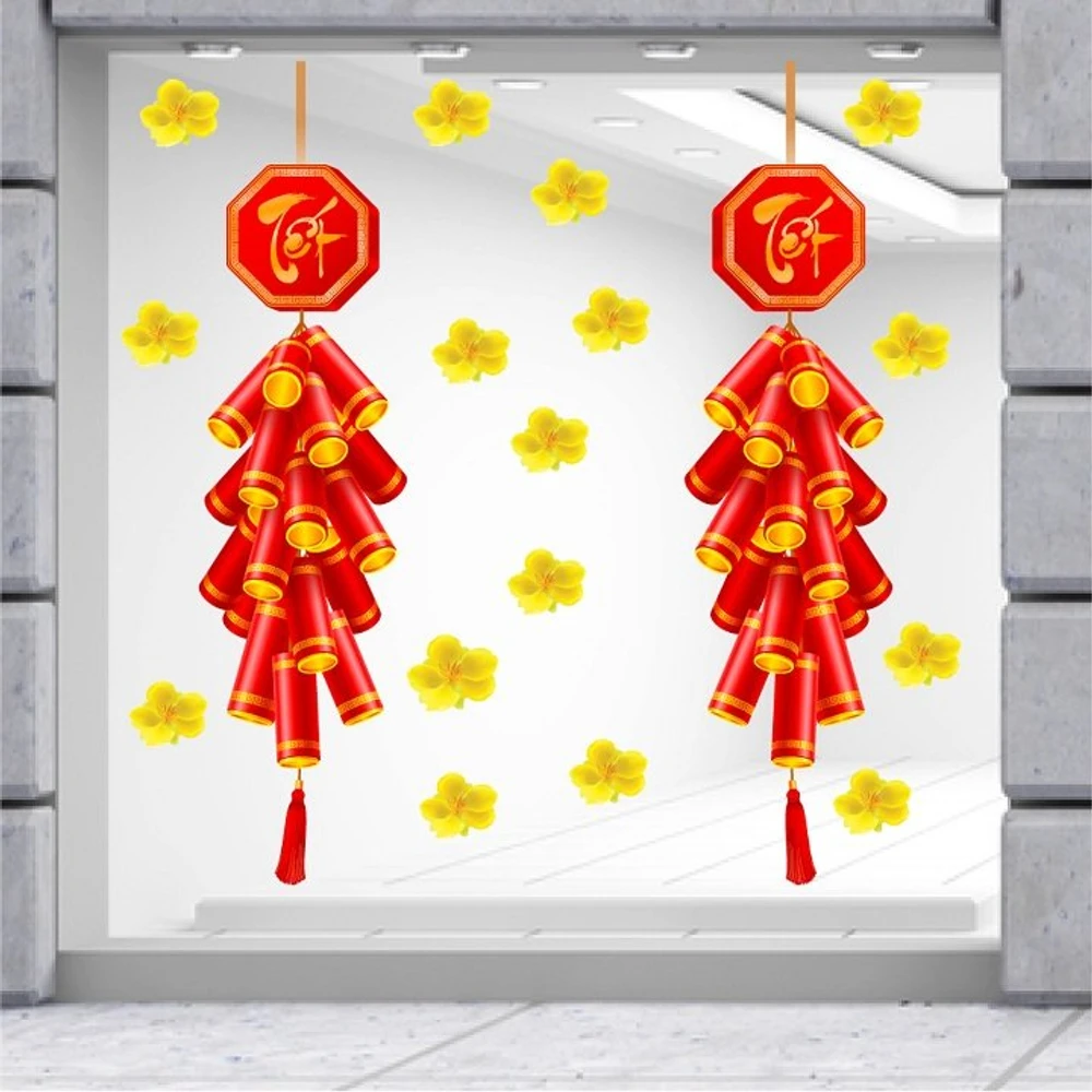 Decal trang trí tết đôi pháo đỏ may mắn