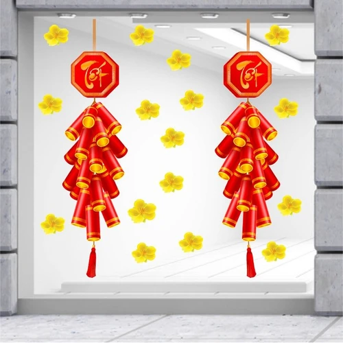 Decal trang trí tết đôi pháo đỏ may mắn