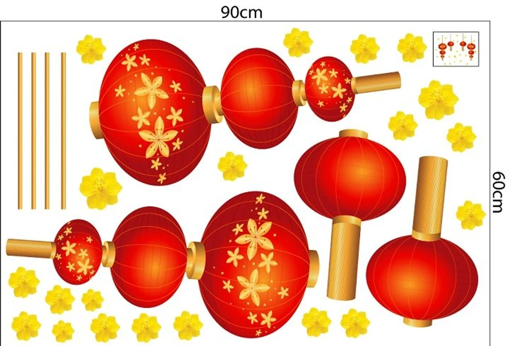 Decal Trang Trí Tết Lồng Đèn Đỏ May Mắn Mẫu 4