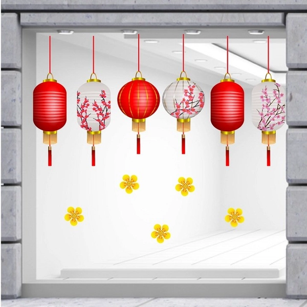 Decal Trang Trí Tết lồng đèn hoa đào may mắn