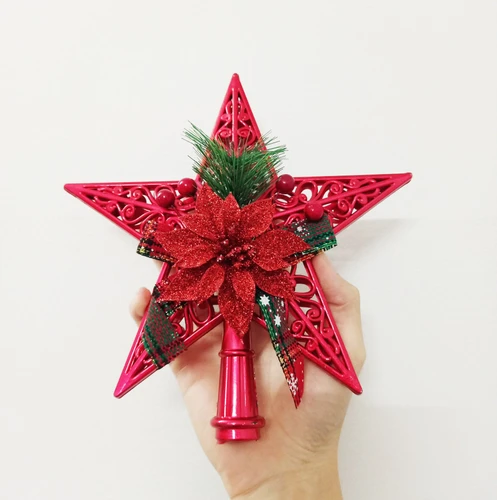 Ngôi sao đỉnh trang trí cây thông kèm nơ và hoa trạng nguyên đỏ