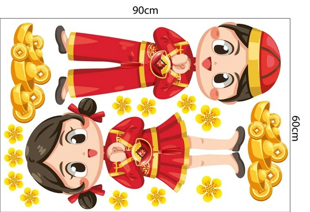 Decal trang trí tết bé chúc xuân phát tài mẫu 2